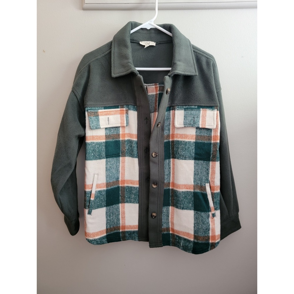 Easel Los Angeles Plaid Wool Blend Fleece Oversized Shacket S Green Orange EUC